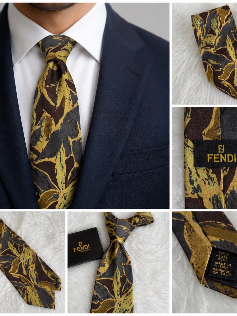Fendi Yellow and Brown Silk Tie with Organic Leaf Design